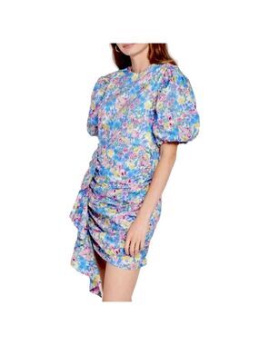 En Saison Floral Mini Dress Puffed Statement Sleeve Ruching Ruffle Cotton Small